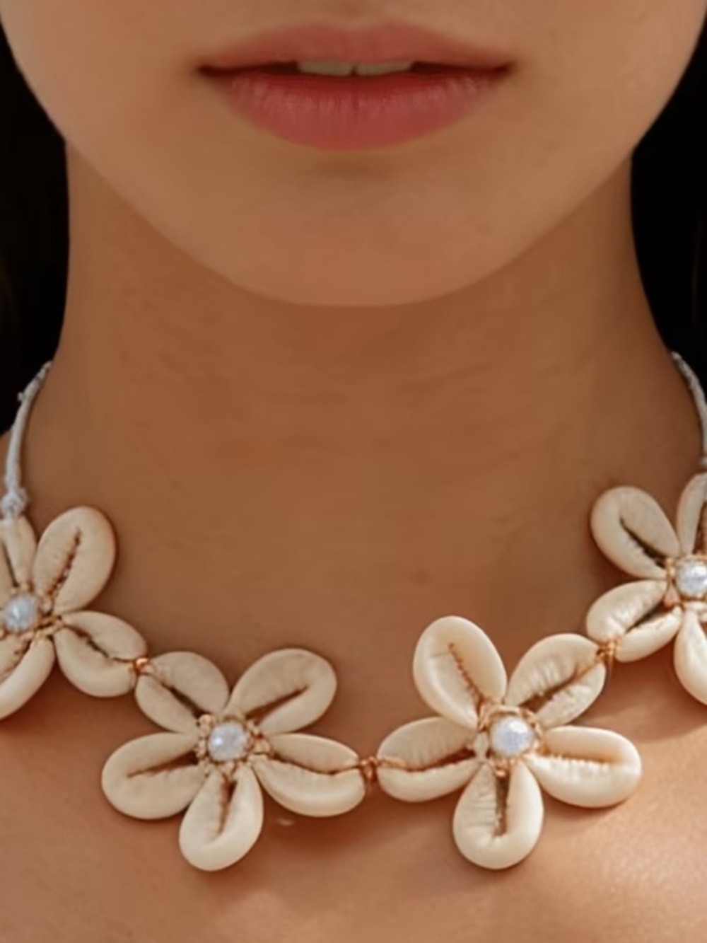 Cream Floral Shell Necklace with Pearl Centers